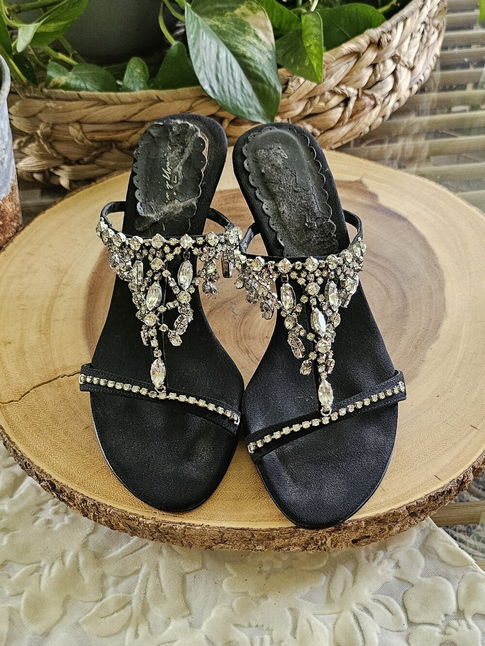 Beverly Feldman Vintage Black Rhinestone Strappy Sandals 3 ½" Heels (Sz 6.5)Beve
